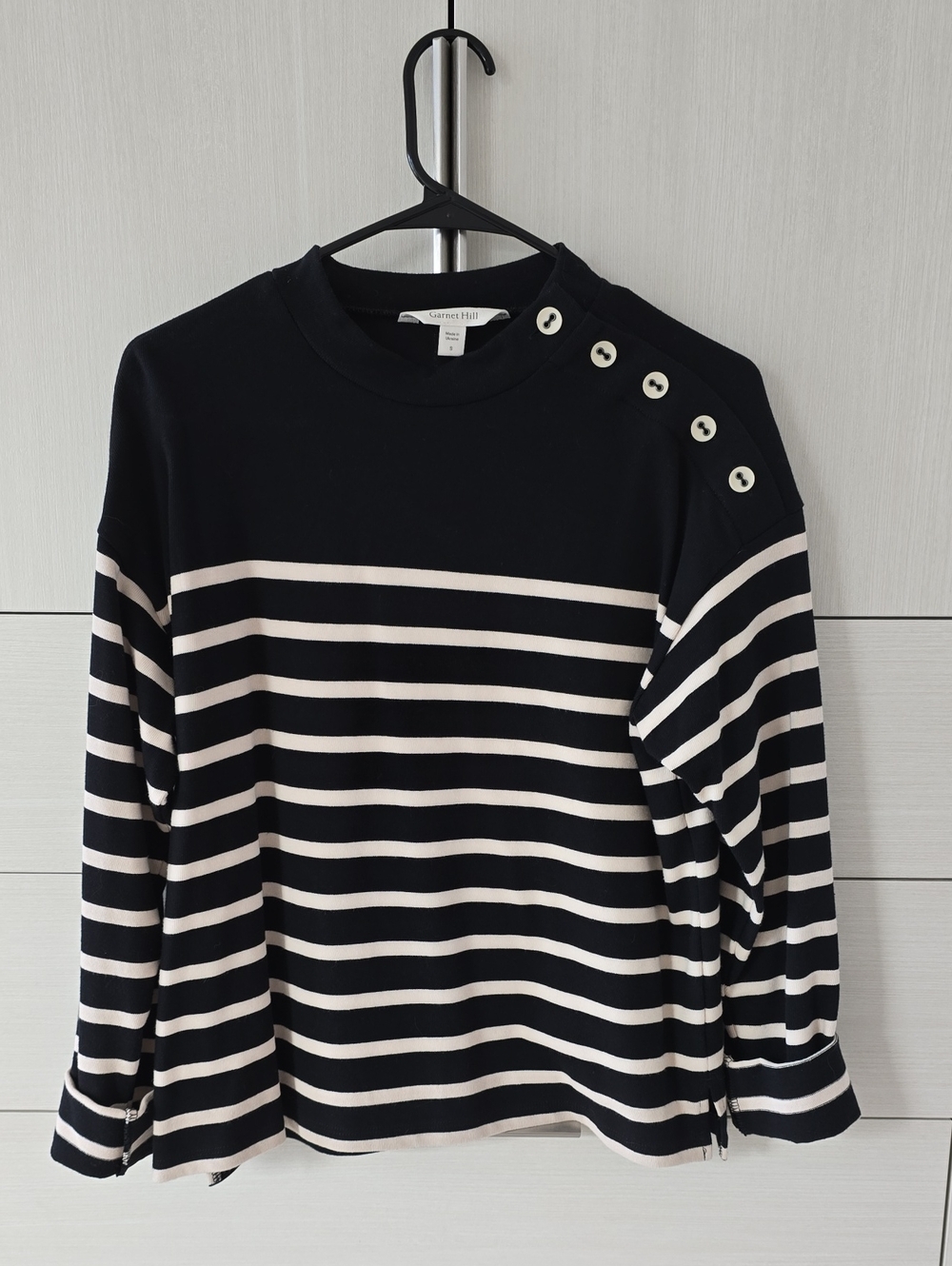 Garnet Hill Black and Cream Striped Button-Shoulder Long Sleeve Top